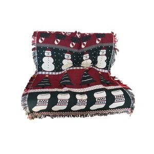 Vintage Crown Crafts Christmas Holiday Throw Blanket Candy Cane Snowman Stocking